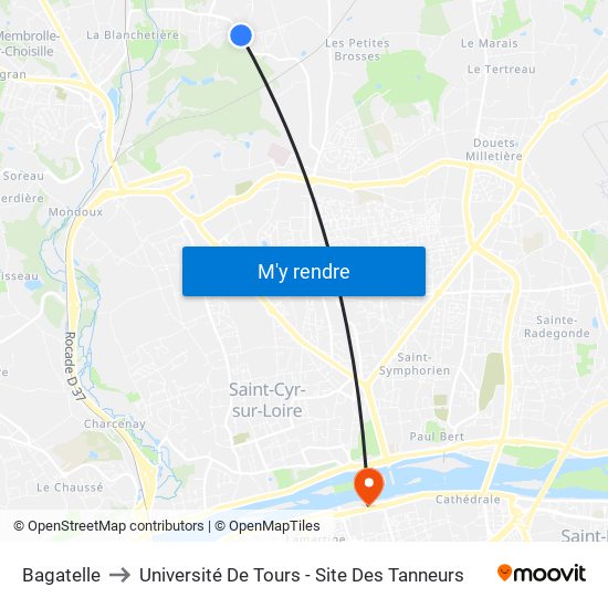 Bagatelle to Université De Tours - Site Des Tanneurs map