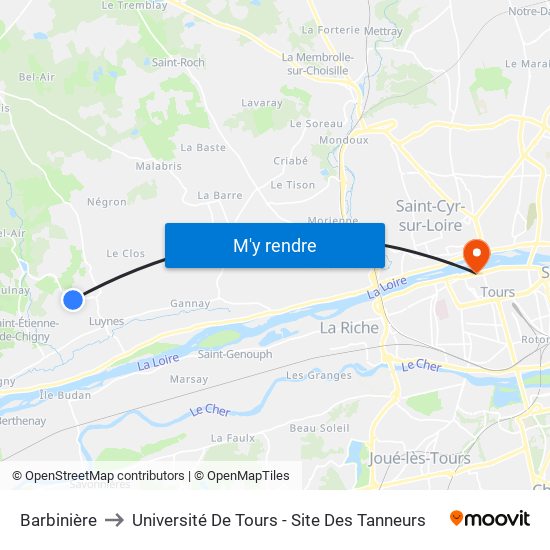 Barbinière to Université De Tours - Site Des Tanneurs map