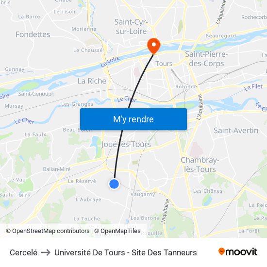Cercelé to Université De Tours - Site Des Tanneurs map