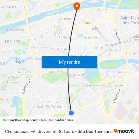 Chenonceau to Université De Tours - Site Des Tanneurs map