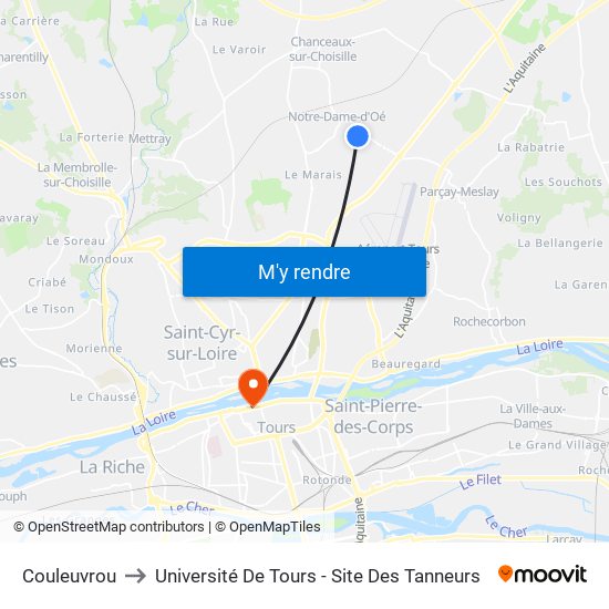 Couleuvrou to Université De Tours - Site Des Tanneurs map