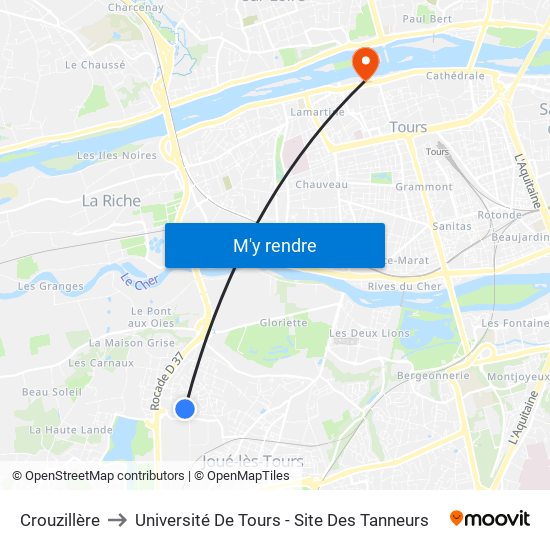 Crouzillère to Université De Tours - Site Des Tanneurs map