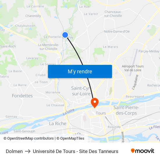 Dolmen to Université De Tours - Site Des Tanneurs map