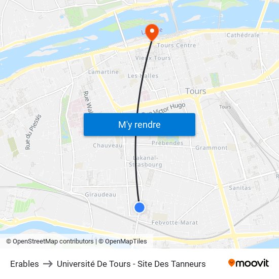 Erables to Université De Tours - Site Des Tanneurs map