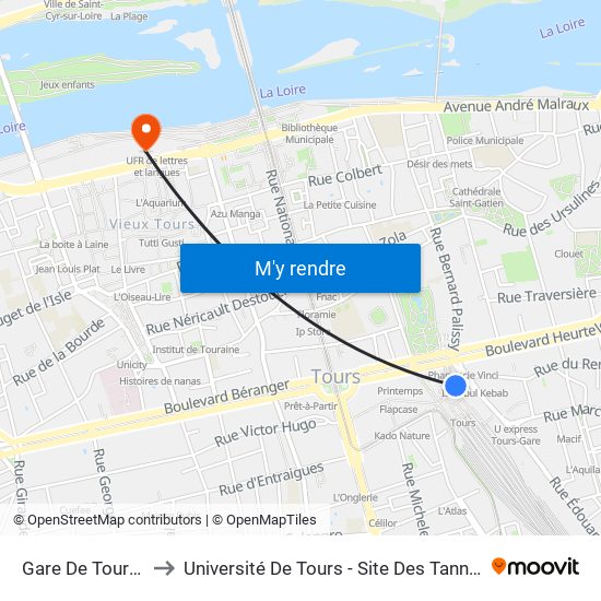 Gare De Tours (Station 5) to Université De Tours - Site Des Tanneurs map