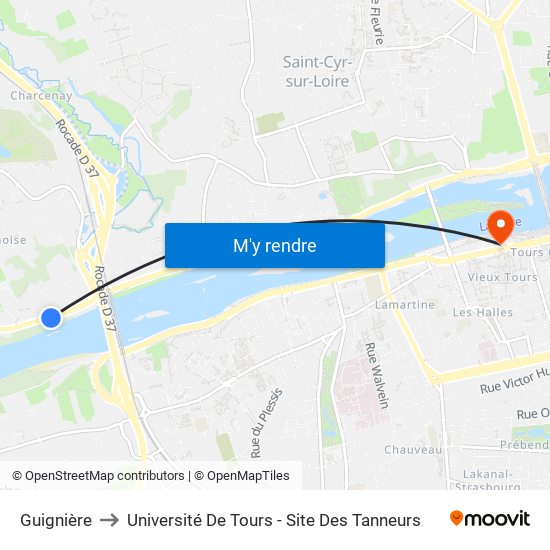 Guignière to Université De Tours - Site Des Tanneurs map