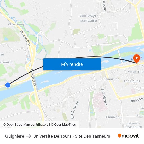 Guignière to Université De Tours - Site Des Tanneurs map