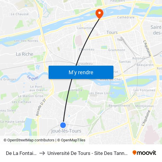 De La Fontaine to Université De Tours - Site Des Tanneurs map