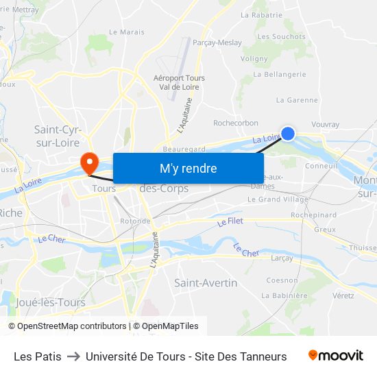 Les Patis to Université De Tours - Site Des Tanneurs map