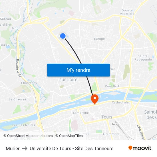 Mûrier to Université De Tours - Site Des Tanneurs map