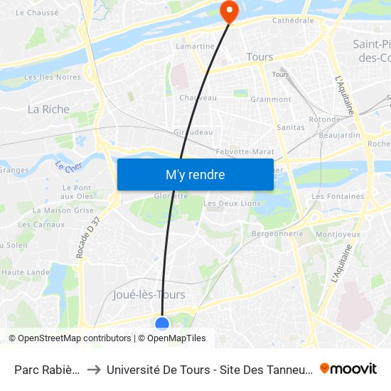 Parc Rabière to Université De Tours - Site Des Tanneurs map
