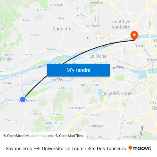 Savonnières to Université De Tours - Site Des Tanneurs map