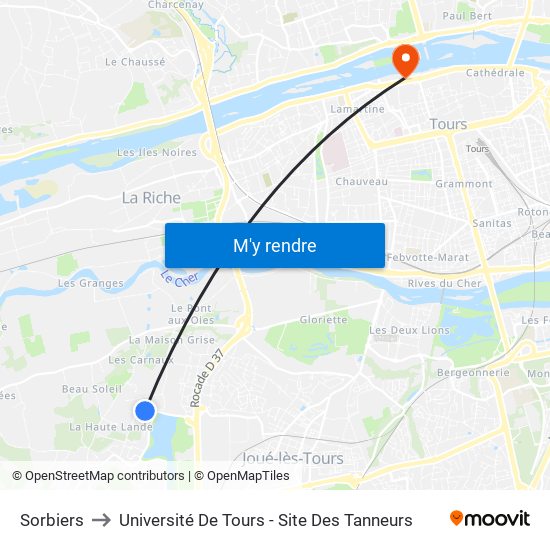 Sorbiers to Université De Tours - Site Des Tanneurs map