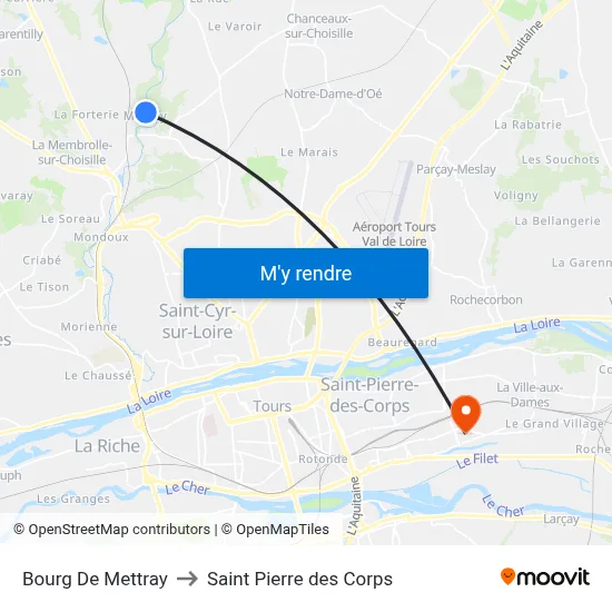 Bourg De Mettray to Saint Pierre des Corps map
