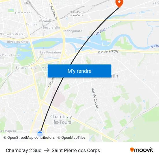 Chambray 2 Sud to Saint Pierre des Corps map