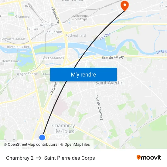 Chambray 2 to Saint Pierre des Corps map