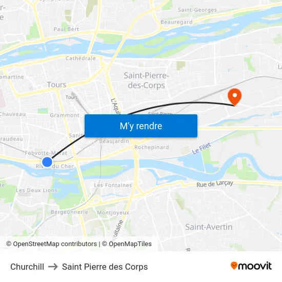 Churchill to Saint Pierre des Corps map