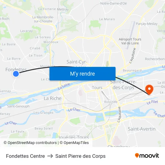 Fondettes Centre to Saint Pierre des Corps map