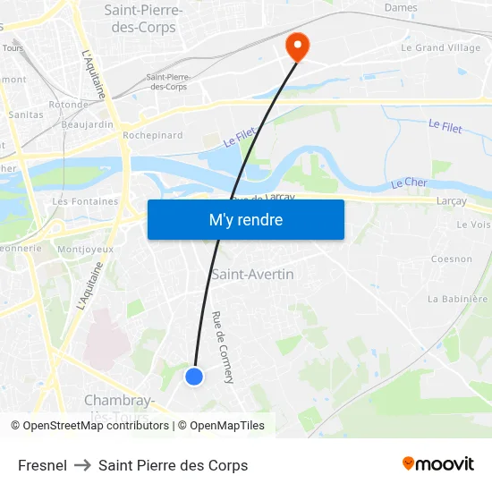 Fresnel to Saint Pierre des Corps map