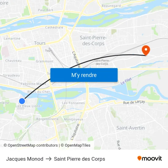 Jacques Monod to Saint Pierre des Corps map