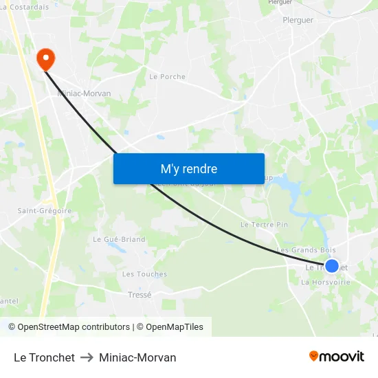 Le Tronchet to Miniac-Morvan map