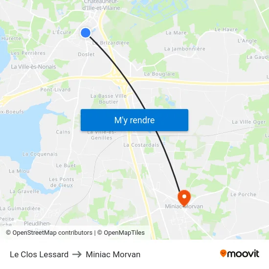 Le Clos Lessard to Miniac Morvan map