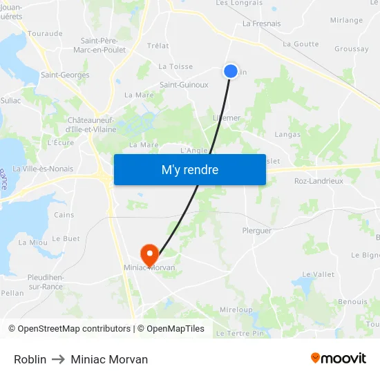 Roblin to Miniac Morvan map