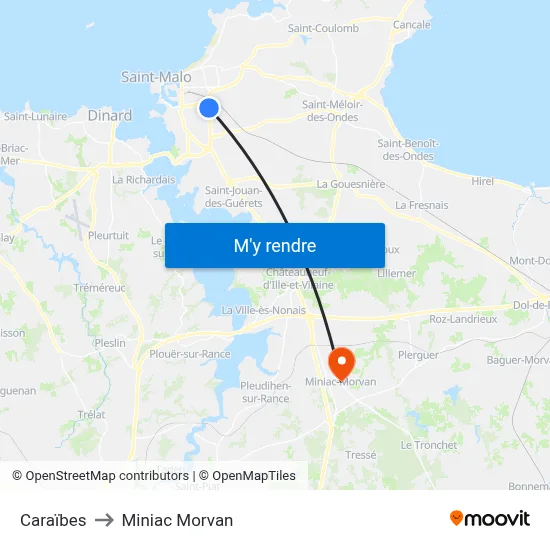 Caraïbes to Miniac Morvan map