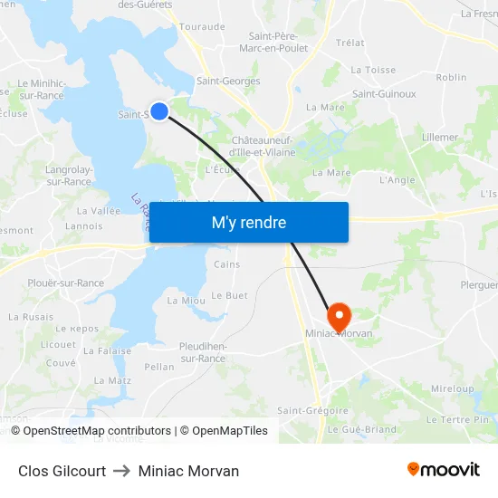 Clos Gilcourt to Miniac Morvan map
