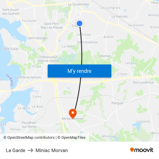 La Garde to Miniac Morvan map
