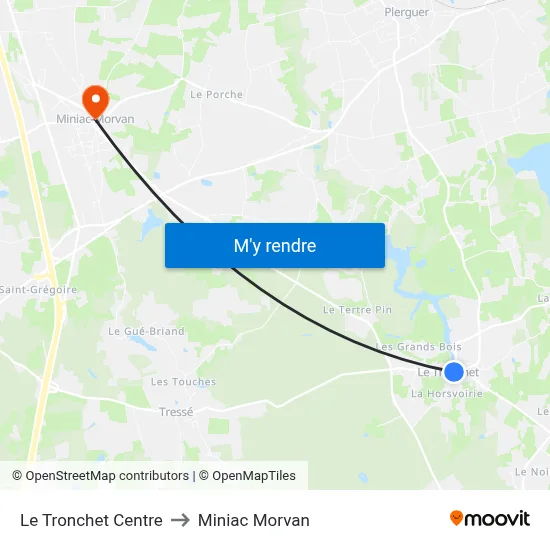 Le Tronchet Centre to Miniac Morvan map