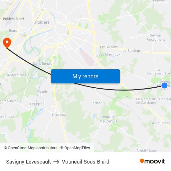 Savigny-Lévescault to Vouneuil-Sous-Biard map