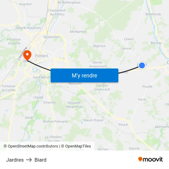 Jardres to Biard map