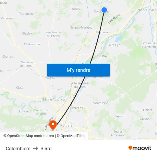 Colombiers to Biard map