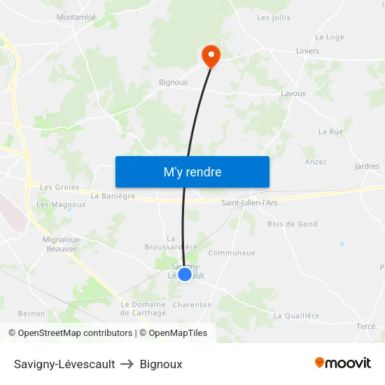Savigny-Lévescault to Bignoux map