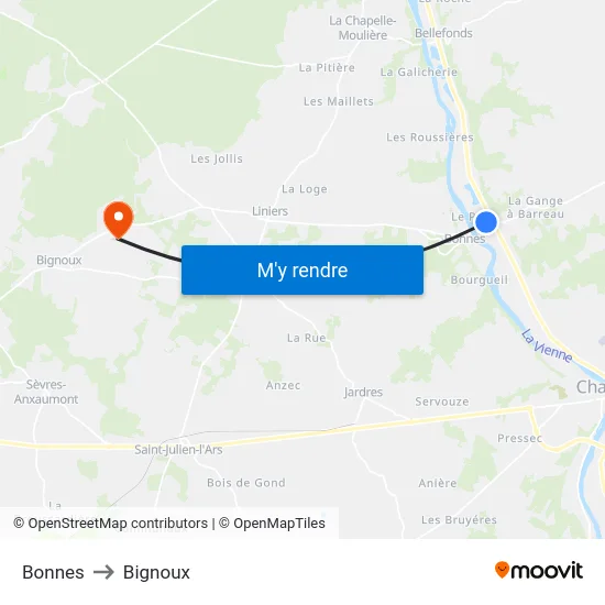 Bonnes to Bignoux map