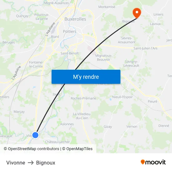 Vivonne to Bignoux map