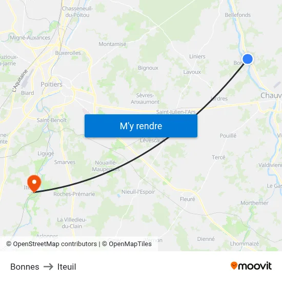 Bonnes to Iteuil map