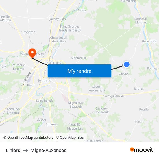 Liniers to Migné-Auxances map