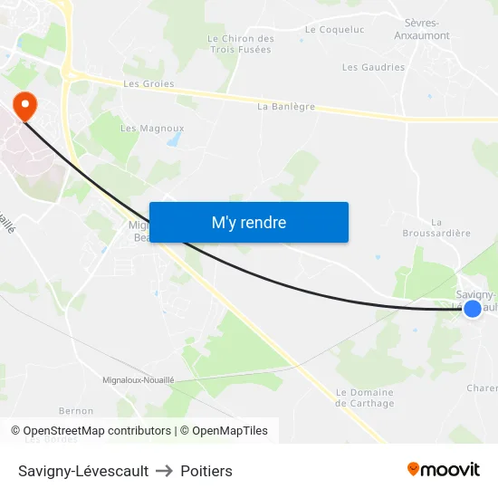 Savigny-Lévescault to Poitiers map