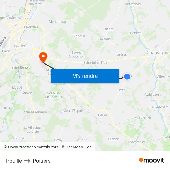 Pouillé to Poitiers map