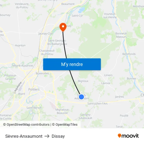 Sèvres-Anxaumont to Dissay map