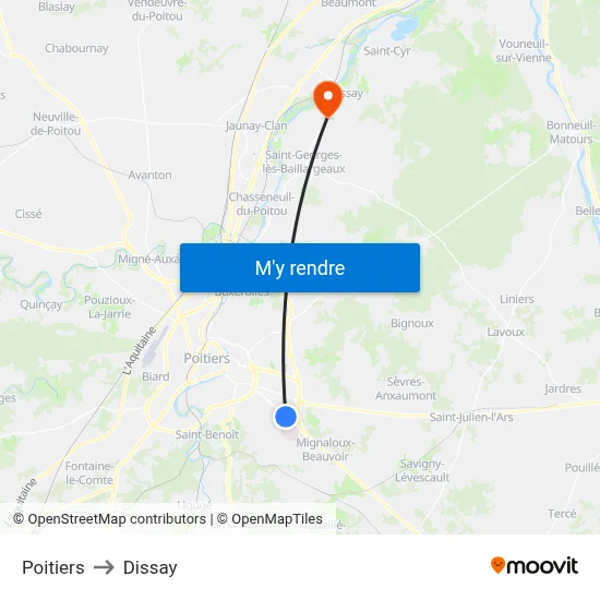 Poitiers to Dissay map
