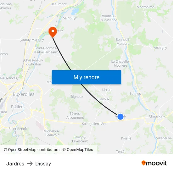 Jardres to Dissay map