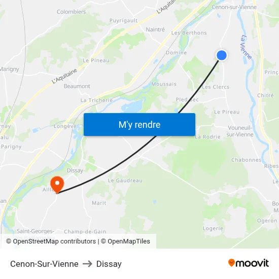 Cenon-Sur-Vienne to Dissay map