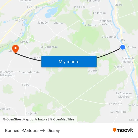 Bonneuil-Matours to Dissay map