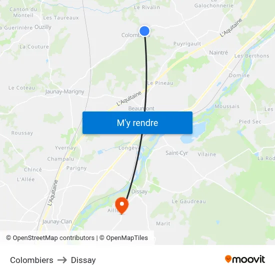 Colombiers to Dissay map