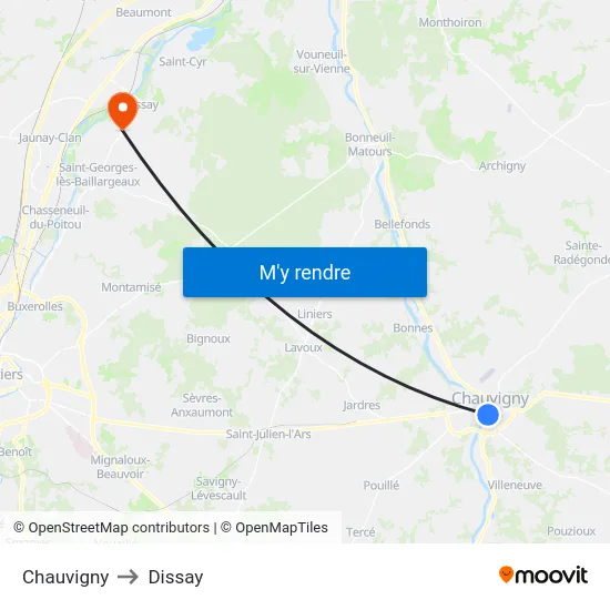 Chauvigny to Dissay map