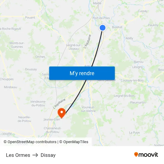 Les Ormes to Dissay map