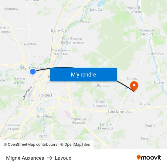 Migné-Auxances to Lavoux map